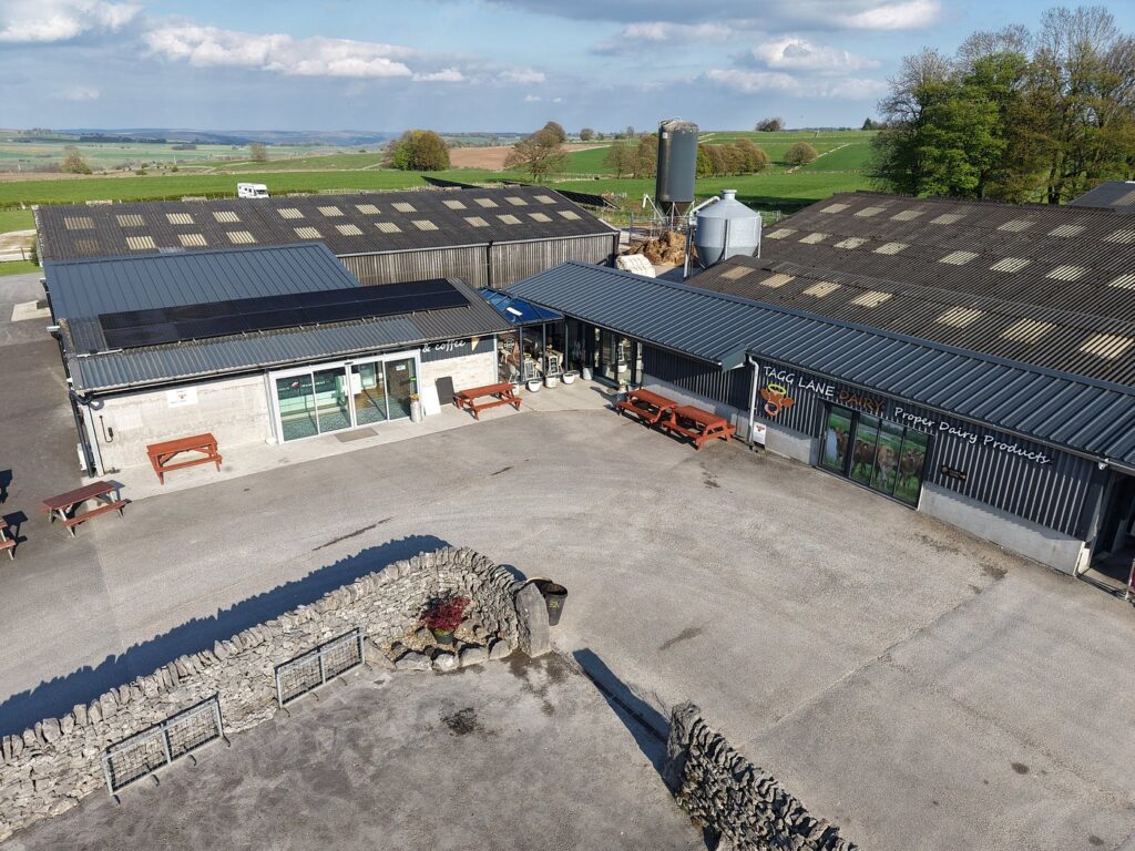 Tagg Lane Dairy from above with fields behind
