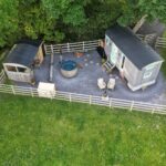 drone shot of Elephant view shepherd hut in eryri national park, Wales