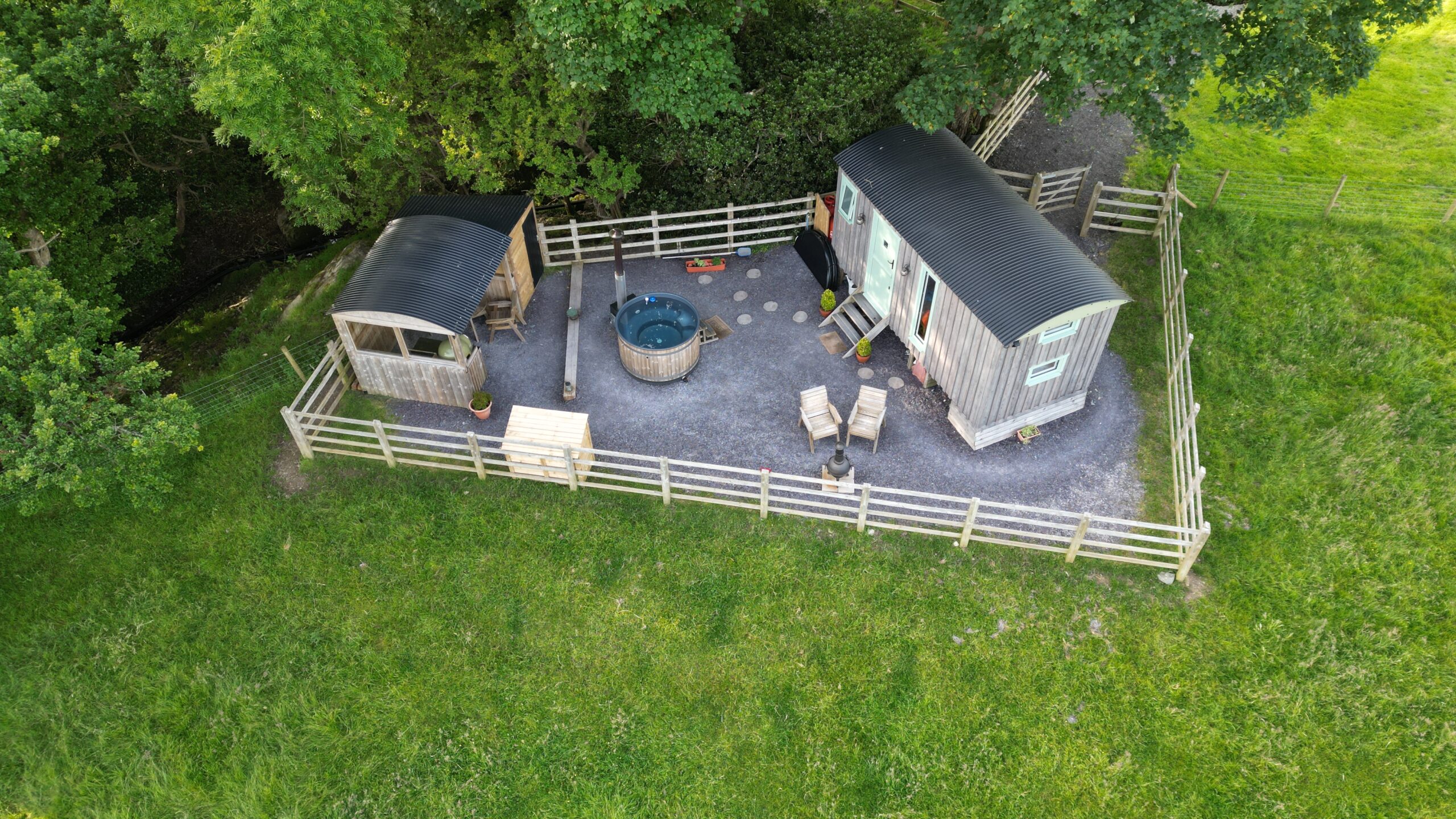 drone shot of Elephant view shepherd hut in eryri national park, Wales