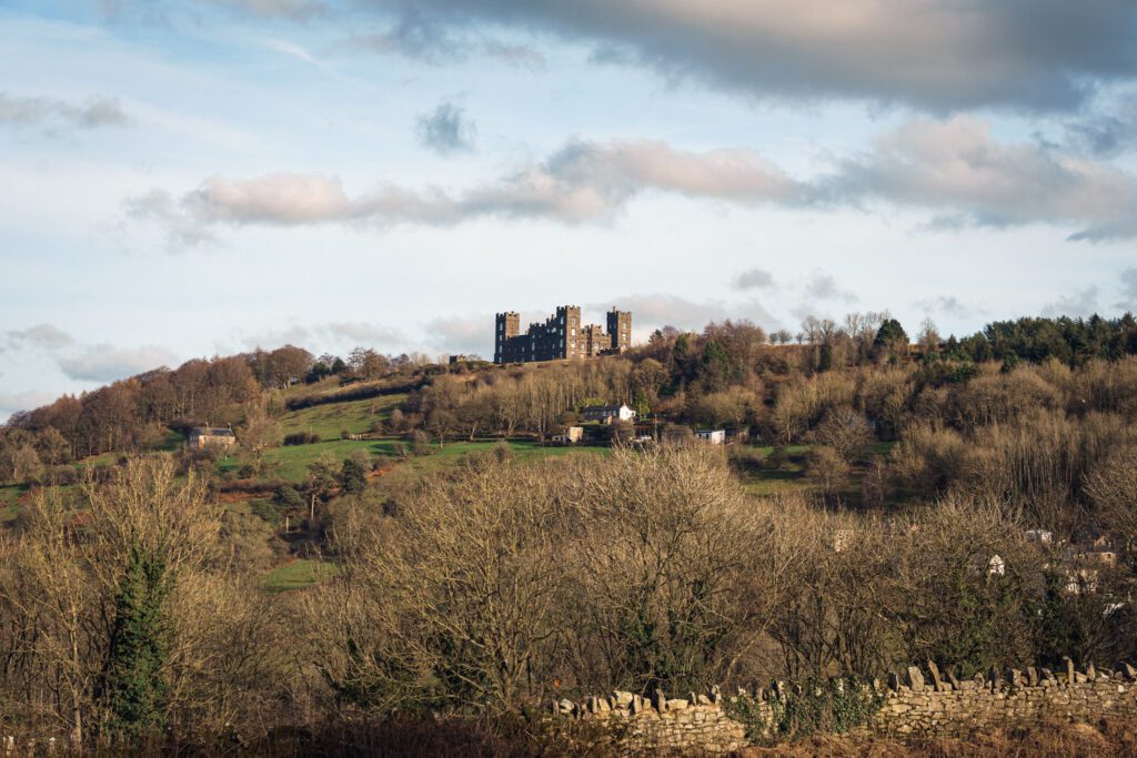 Riber castle high above the Derbyshire countryside, shot taken from High Tor grounds, Matlock