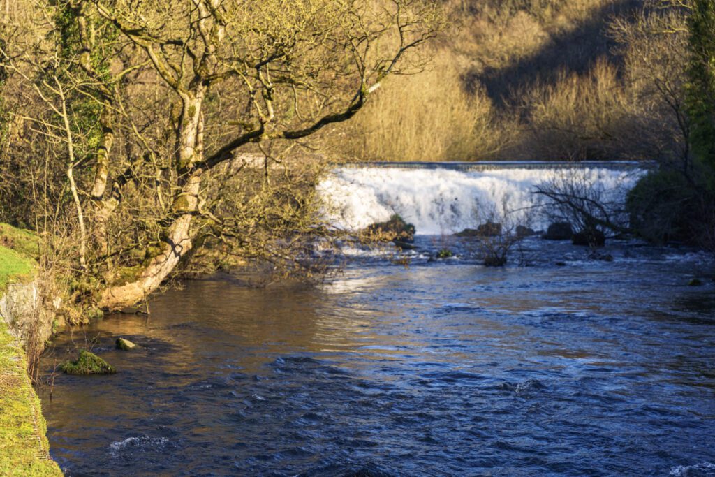 Monsal weir above the river, trees overhanging the riverbank