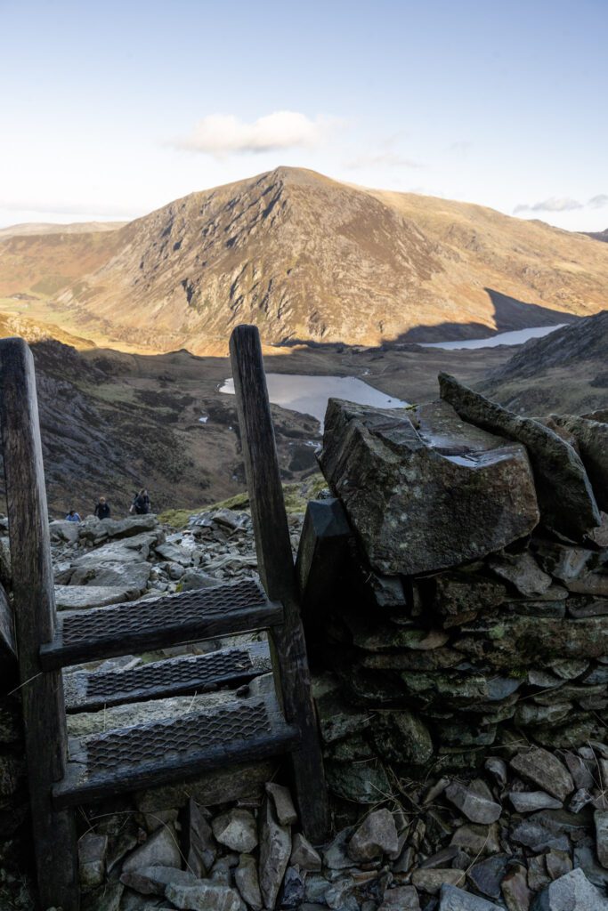 Looking down over a footpath step towards Llyn Ogwen from Devils Kitchen