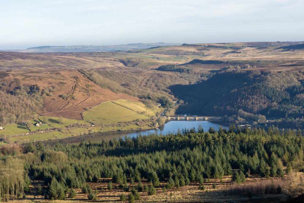 Far reaching views from Win Hill towards Ladybower reservoir on a nice winters day