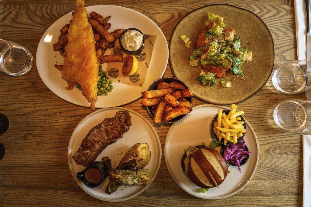 A selection of pub meals from The Old Dog shot from above