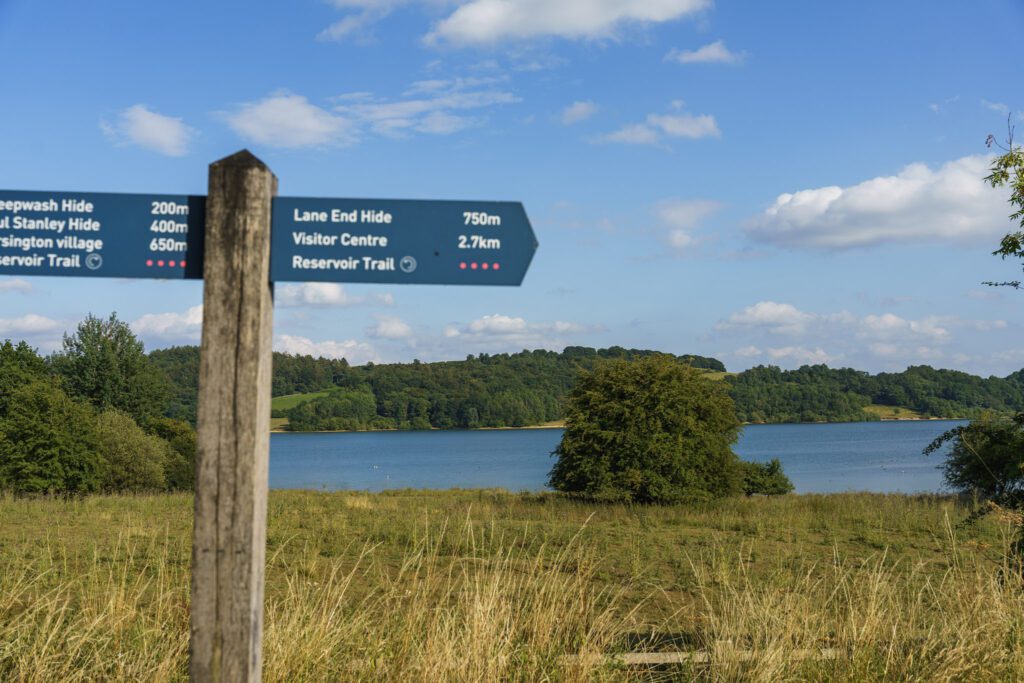 Carsington water with trail signs