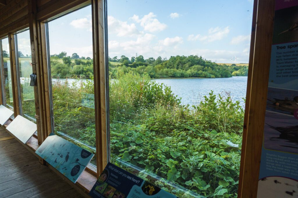 Bird hide at Carstington water, looking out across the reservoir