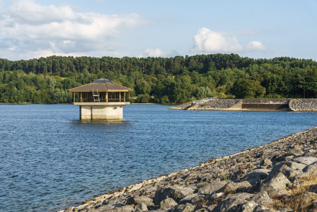Carsington pump tower on the reservoir along the dam wall