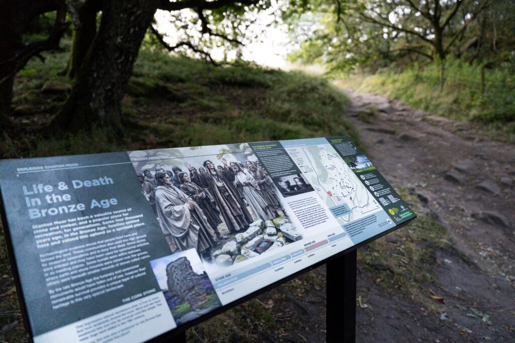 Stanton Moor information board at the entrance telling of ties to the Bronze Age