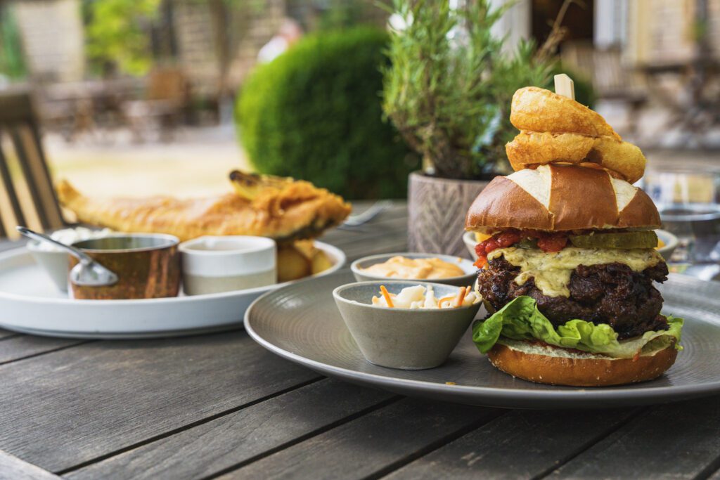 Beef burger and fish and chips lunch at The Peacock at Rowsley