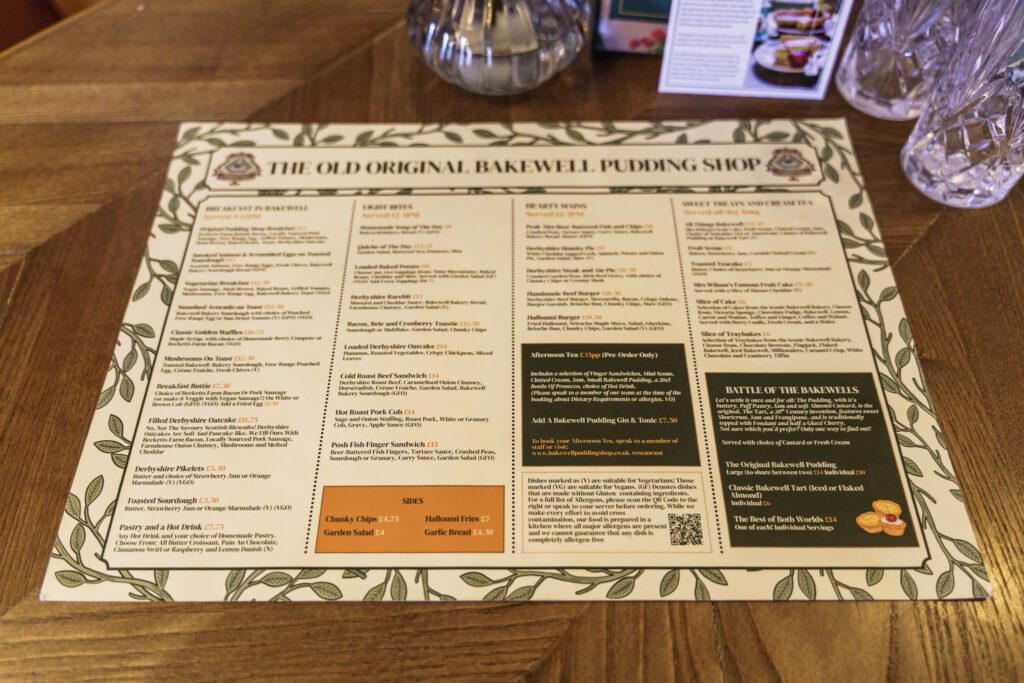The Old Original Bakewell Pudding Shop Menu