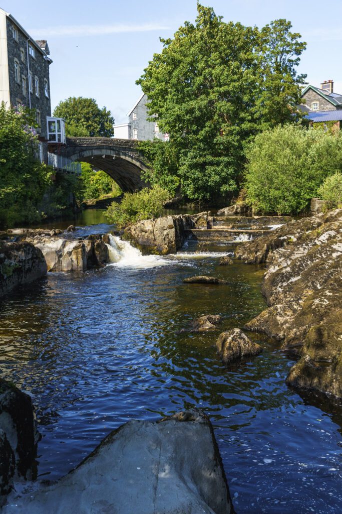 River view Rhayader towards a picturesque bridge