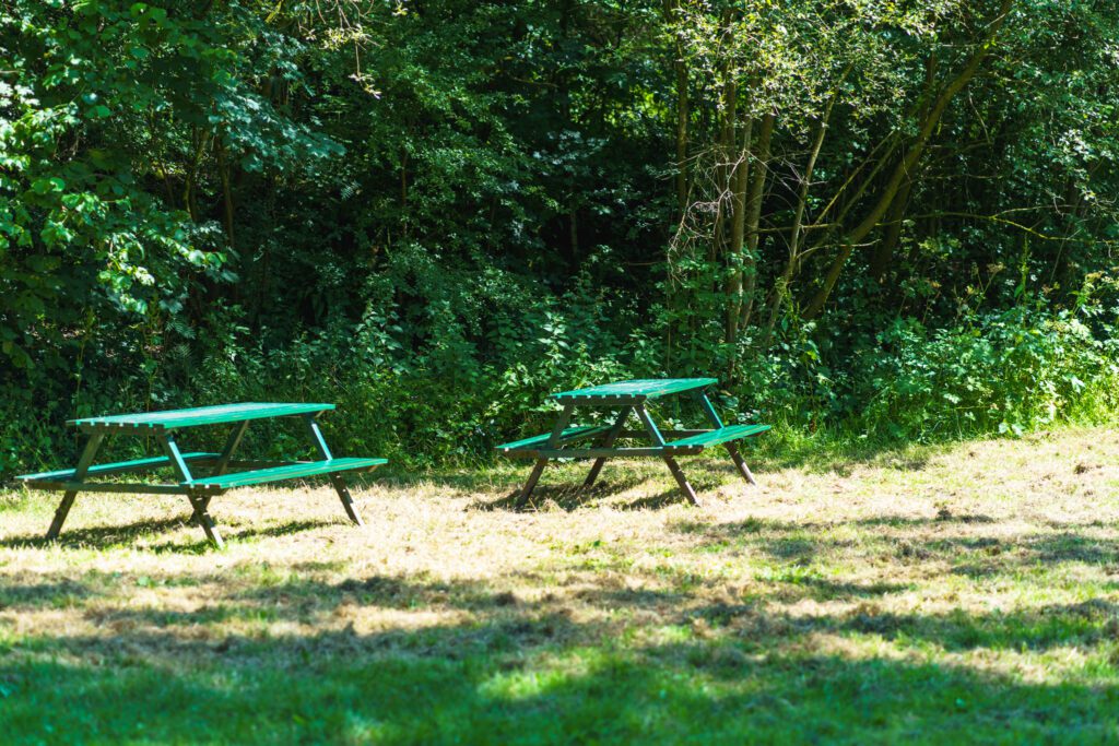 Green picnic tables on a grassy clearing at Deep Hayes Country Park.