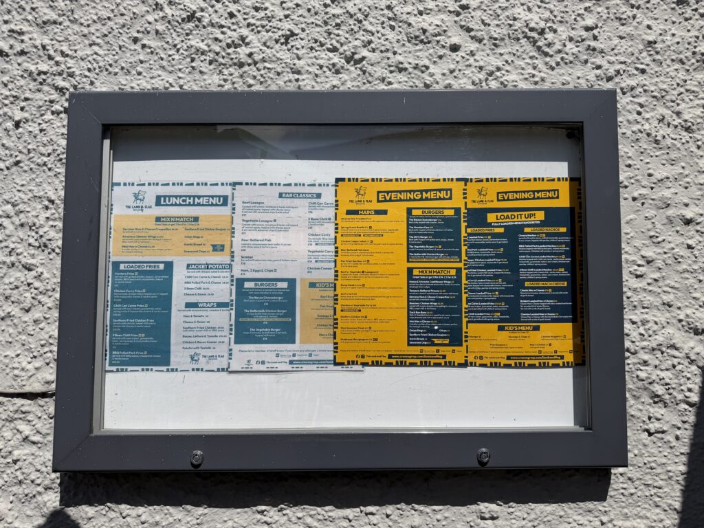 Lamb and Flag Menu outside the pub