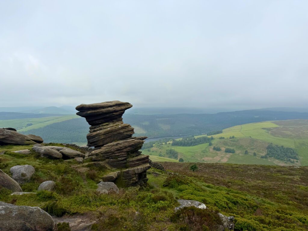 The salt cellar on Derwent Edge with views across the hills and Ladybower Reservoir
