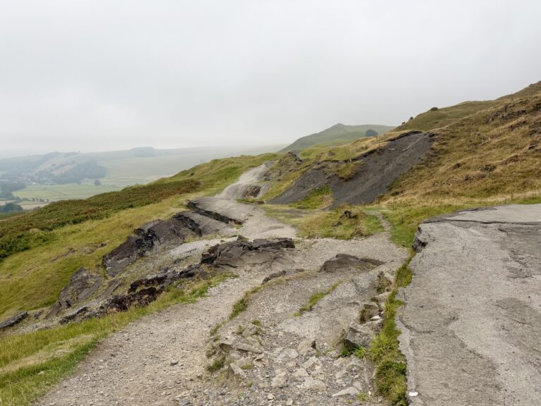 The broken / old road at Mam Tor. A collapsed disused tarmac road